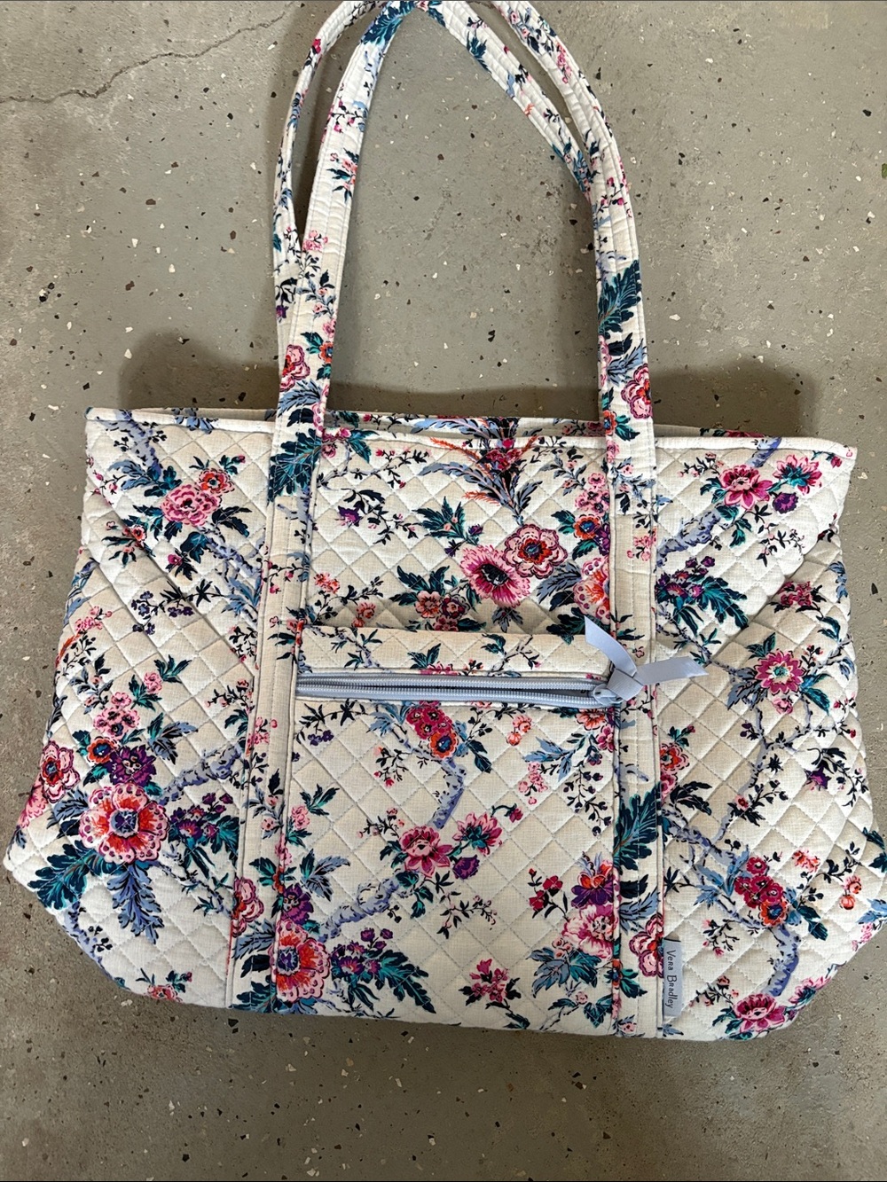 Quilted Floral Tote Bag in Cream with Pink & Blue Flowers